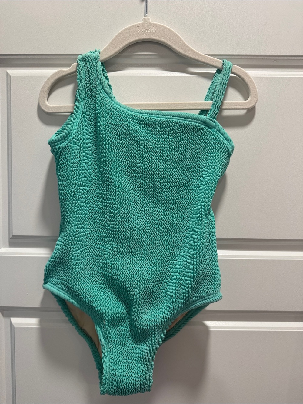 Green Girls Crinkle Textured One Shoulder One Piece Swimsuit